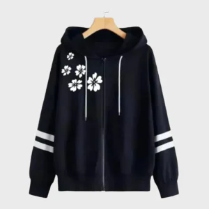 Womens Side Flower Sleeves Stripe Black Hoodie