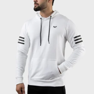 White Hoodie with Black Side Stripes For Mens